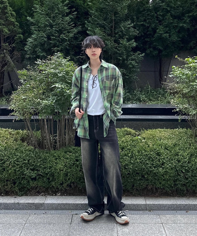 Oversized Fit Pocket Check Shirt Green
